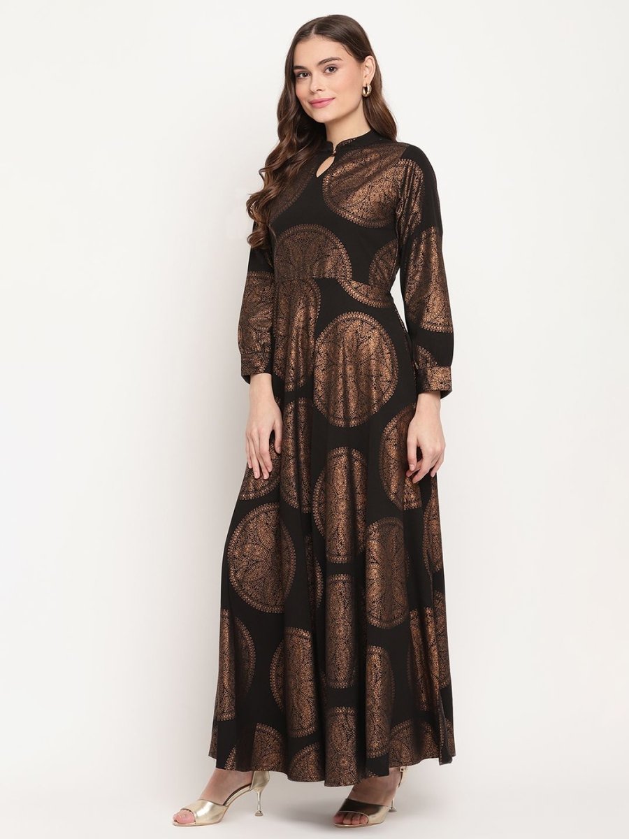 Ahalyaa Women Black Crepe Copper Foil Print Dress | Swadesiicart