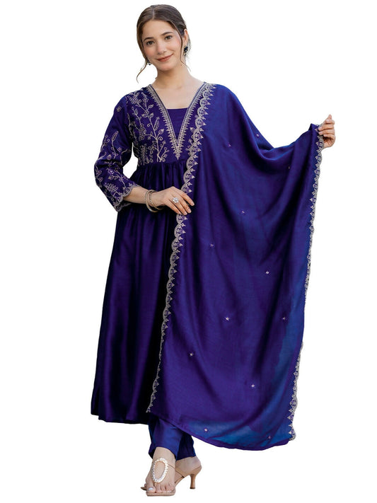 The52 Blue Women's Beautiful Embroidered Vichitra Silk Fabric with Flared Kurta, Pant and Dupatta Set - Swadesiicart