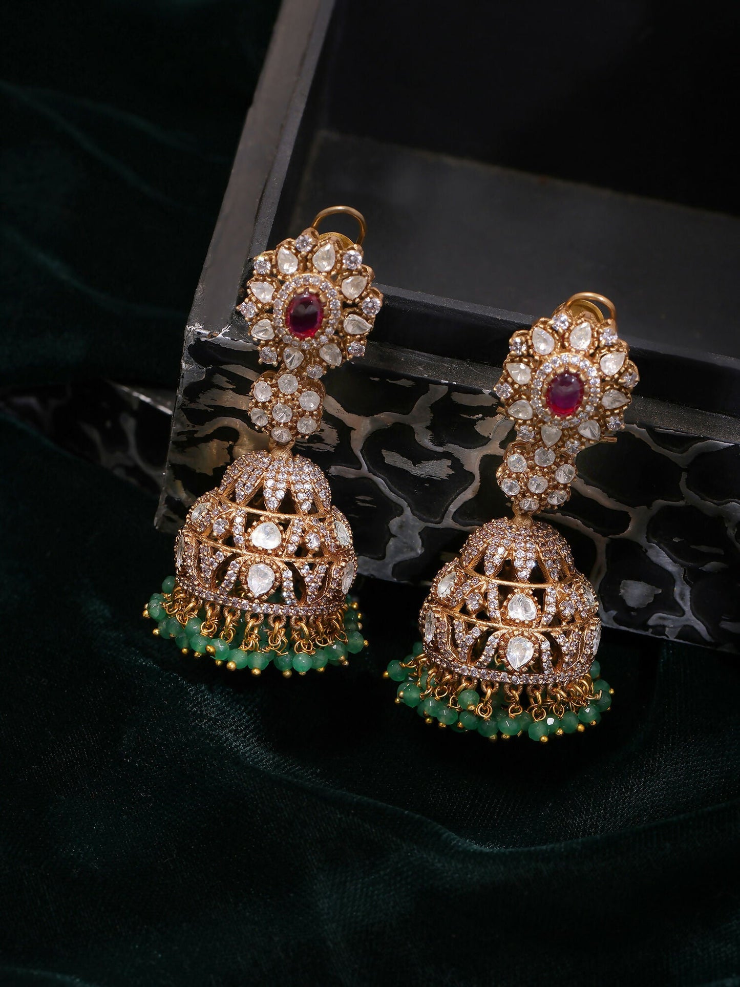 Ruby Raang Gold Polished Kundan Work Multi-Color Diamond And Stone Jhumka Earrings | Swadesiicart