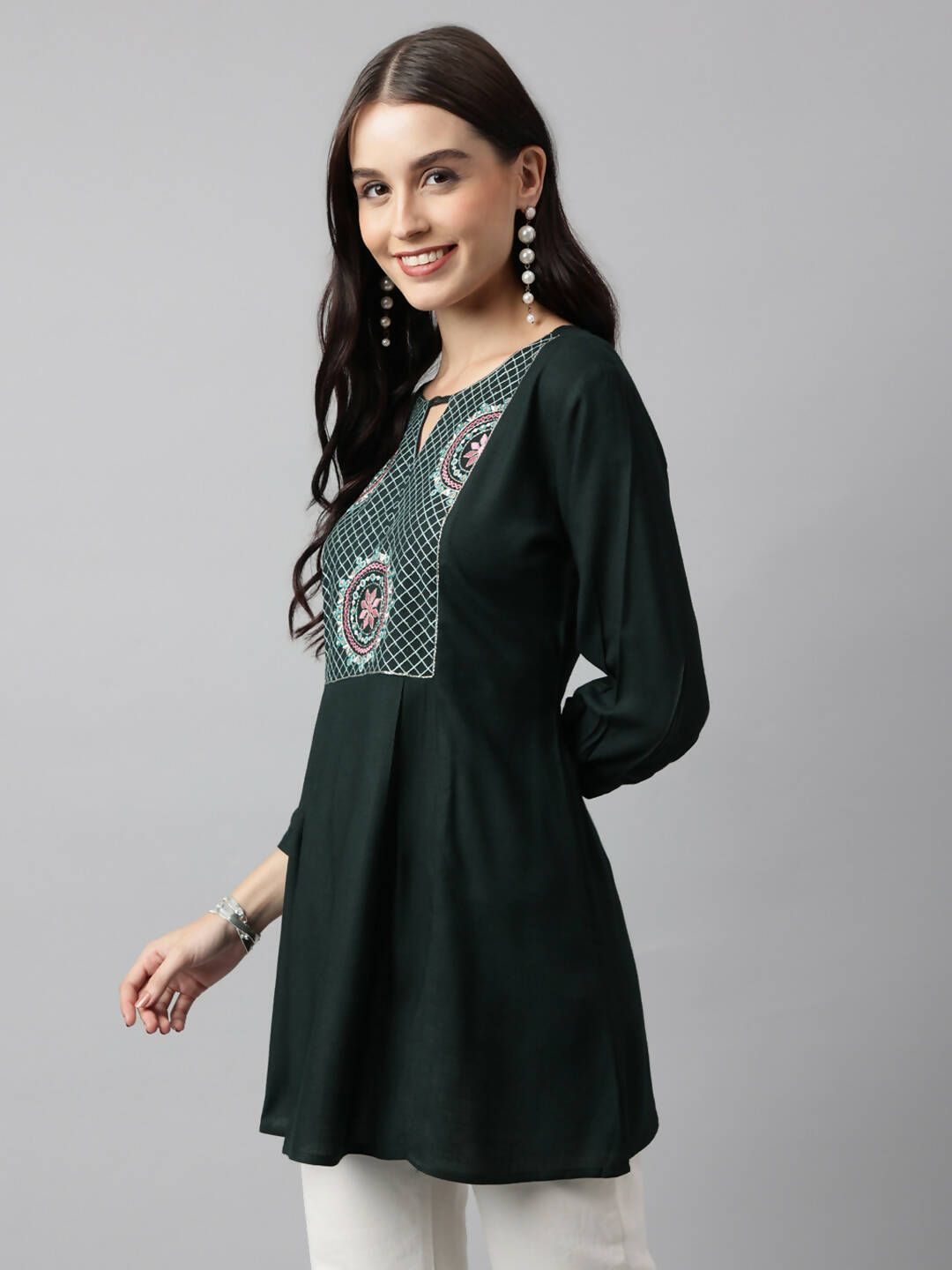 Green Rayon Yoke Embroidered A-line Top - Tarini - Swadesiicart