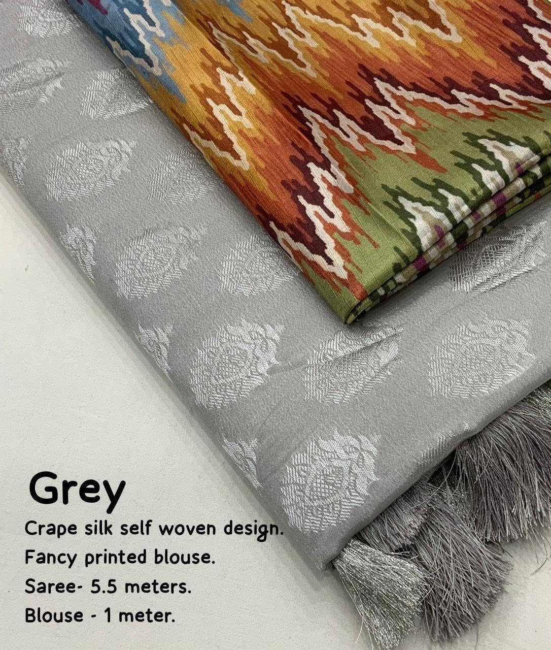 Grey Poly Crepe Ethnic Motifs Saree with Unstitched Blouse - Hiral Fashion | Swadesiicart