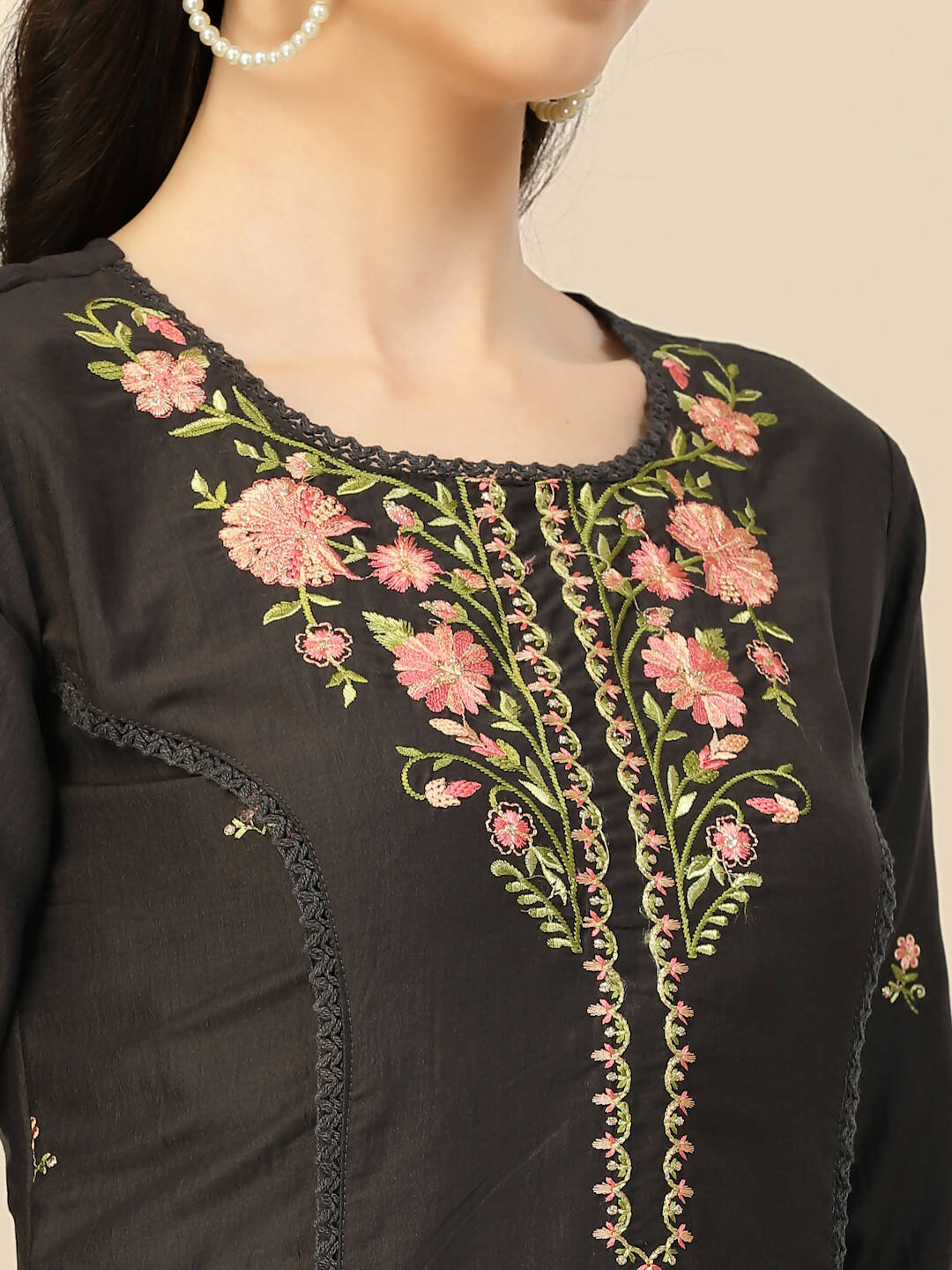 Black Embroidered Chinon Straight Kurta With Trouser & Dupatta - Salimar