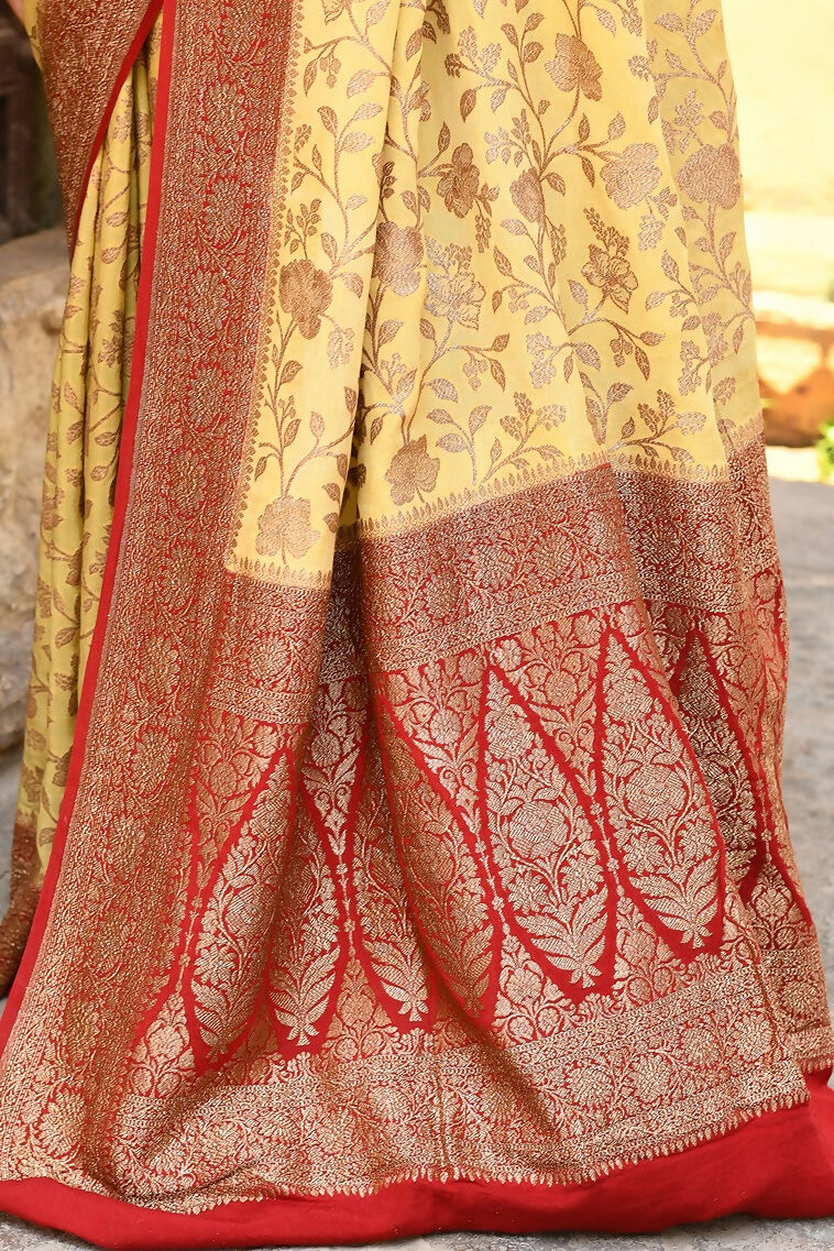 Joban Fashion Yellow Crepe Chiffon Pure Handloom Banarasi Silk Saree | Swadesiicart