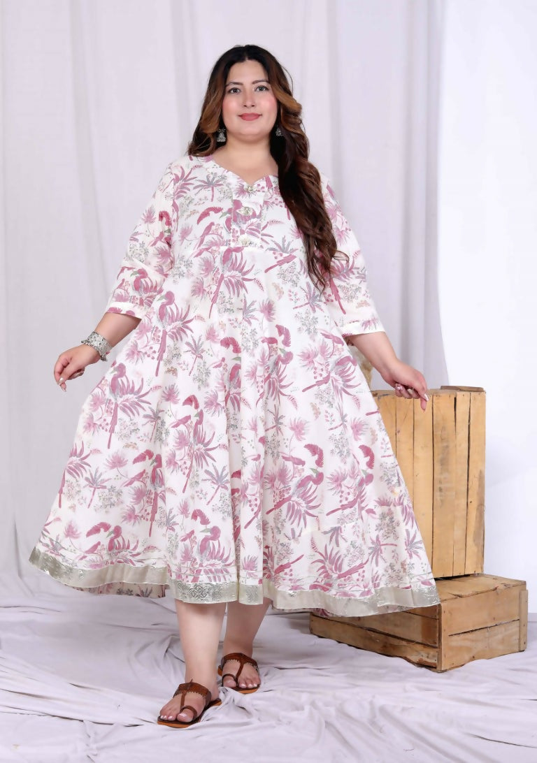 Miravan Women's Plus Size Pink Cotton Gota and Lace Border Birds and Leaf Floral Printed Anarkali Kurta - Swadesiicart