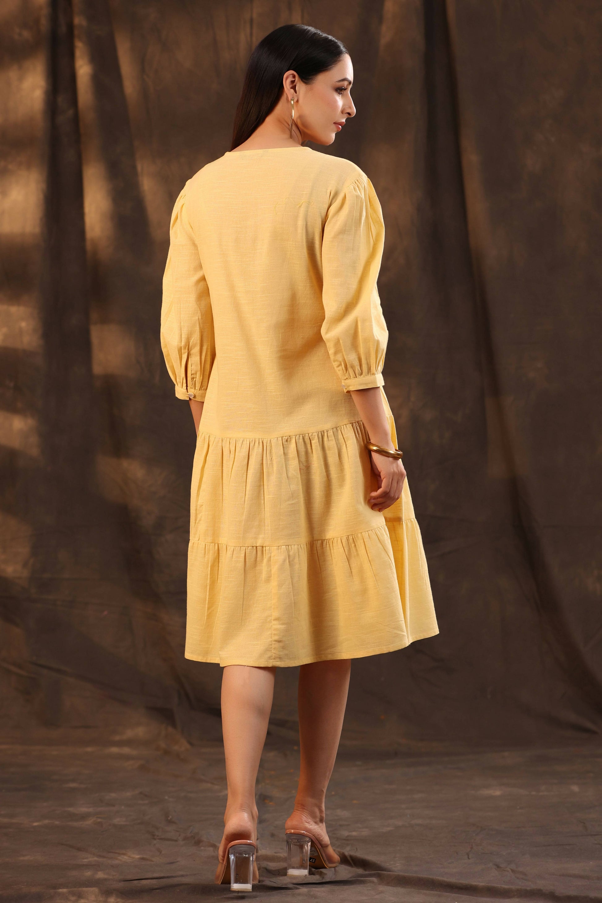 Juniper Women's Yellow Cotton Slub Solid Embroidered Tiered Dress | Swadesiicart