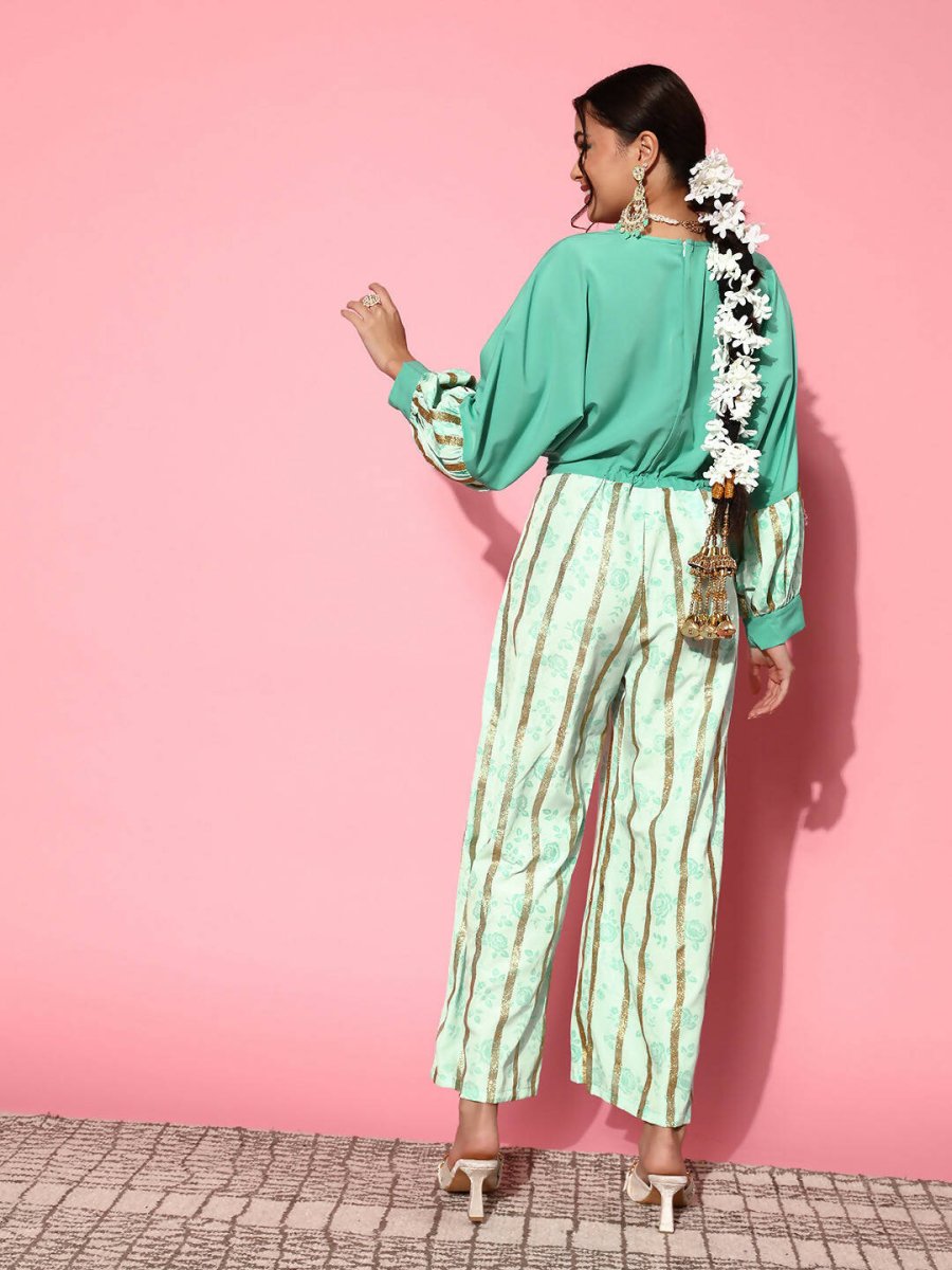 Ahalyaa Women Gorgeous Green Printed Once Upon a Sleeve Jumpsuit - Swadesiicart