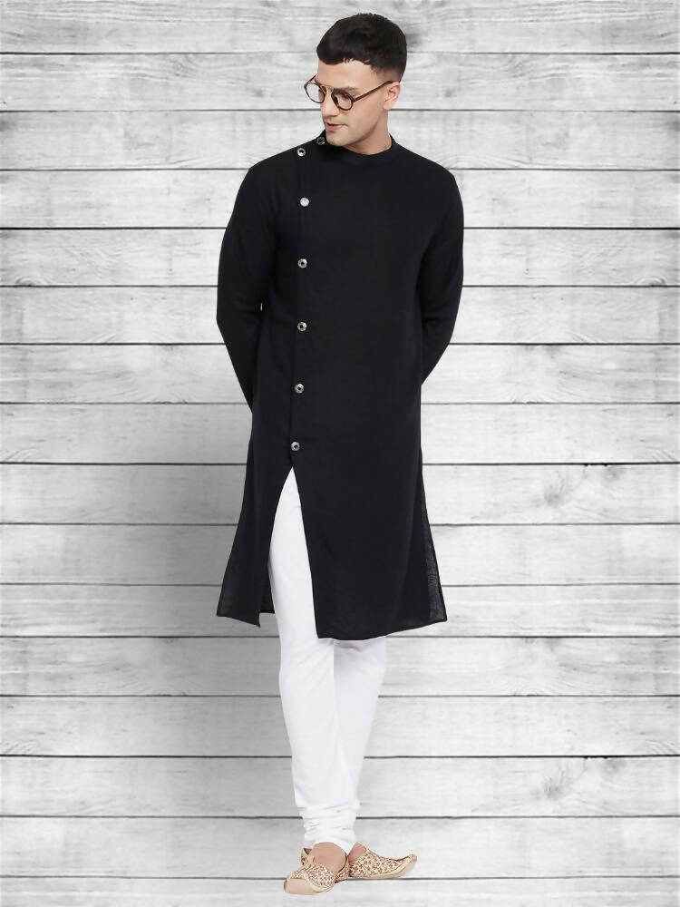 Even Apparels Black Cotton Linen Asymetrical Kurta - Black | Swadesiicart