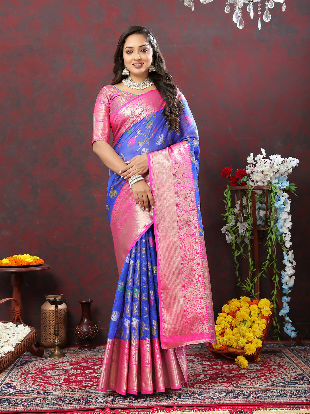 Lorenvalley Fashion Blue Cotton Woven Design Zari Meenakari Weaving Saree - Swadesiicart