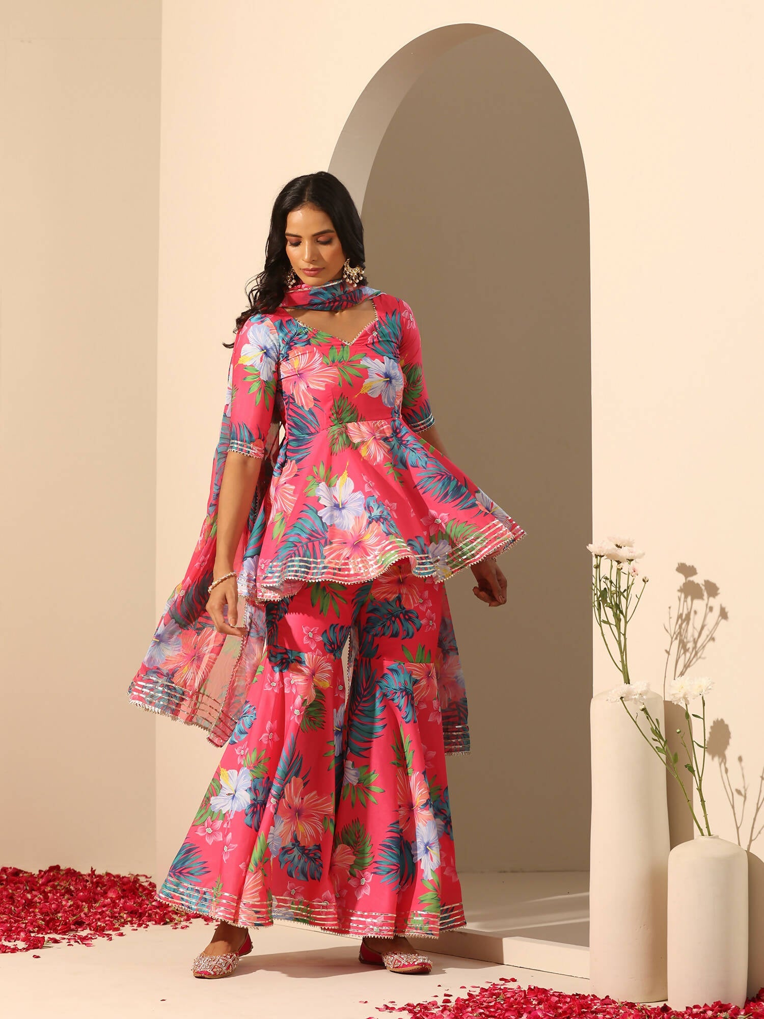 Pomcha Jaipur Pink Gul Qudrat Sharara Set | Swadesiicart