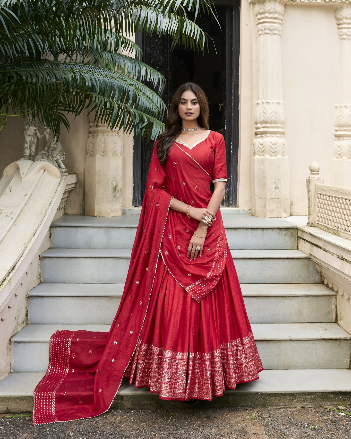 Lorenvalley Red Pure Chanderi Plain With Zari Weaving Work Border Lehenga Choli | Swadesiicart