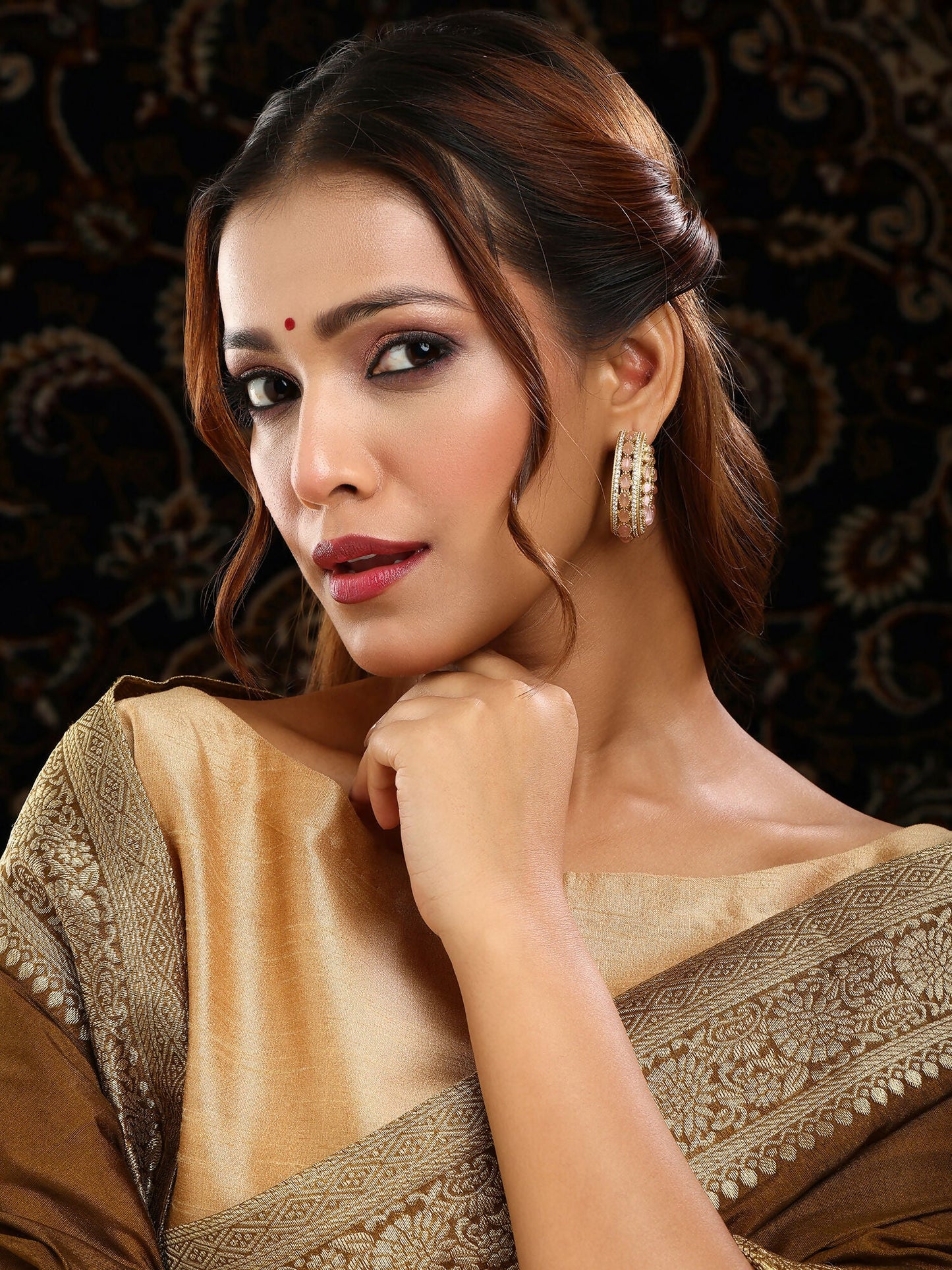Ruby Raang Gold Polished Peach Round Kundan Loops | Swadesiicart