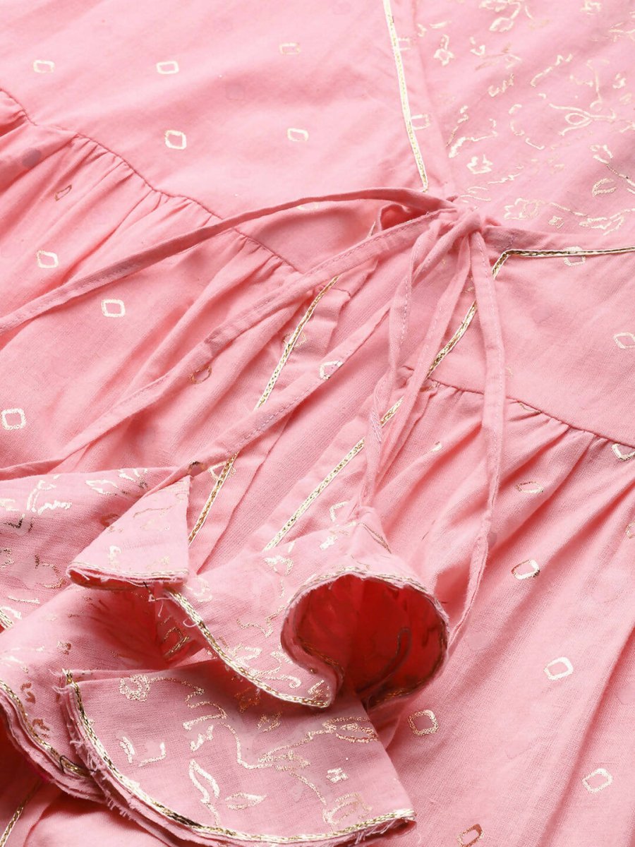 Ahalyaa Pink & Gold Ethnic Printed Layered Front Slit Cotton Anarkali Kurta Palazzos | Swadesiicart