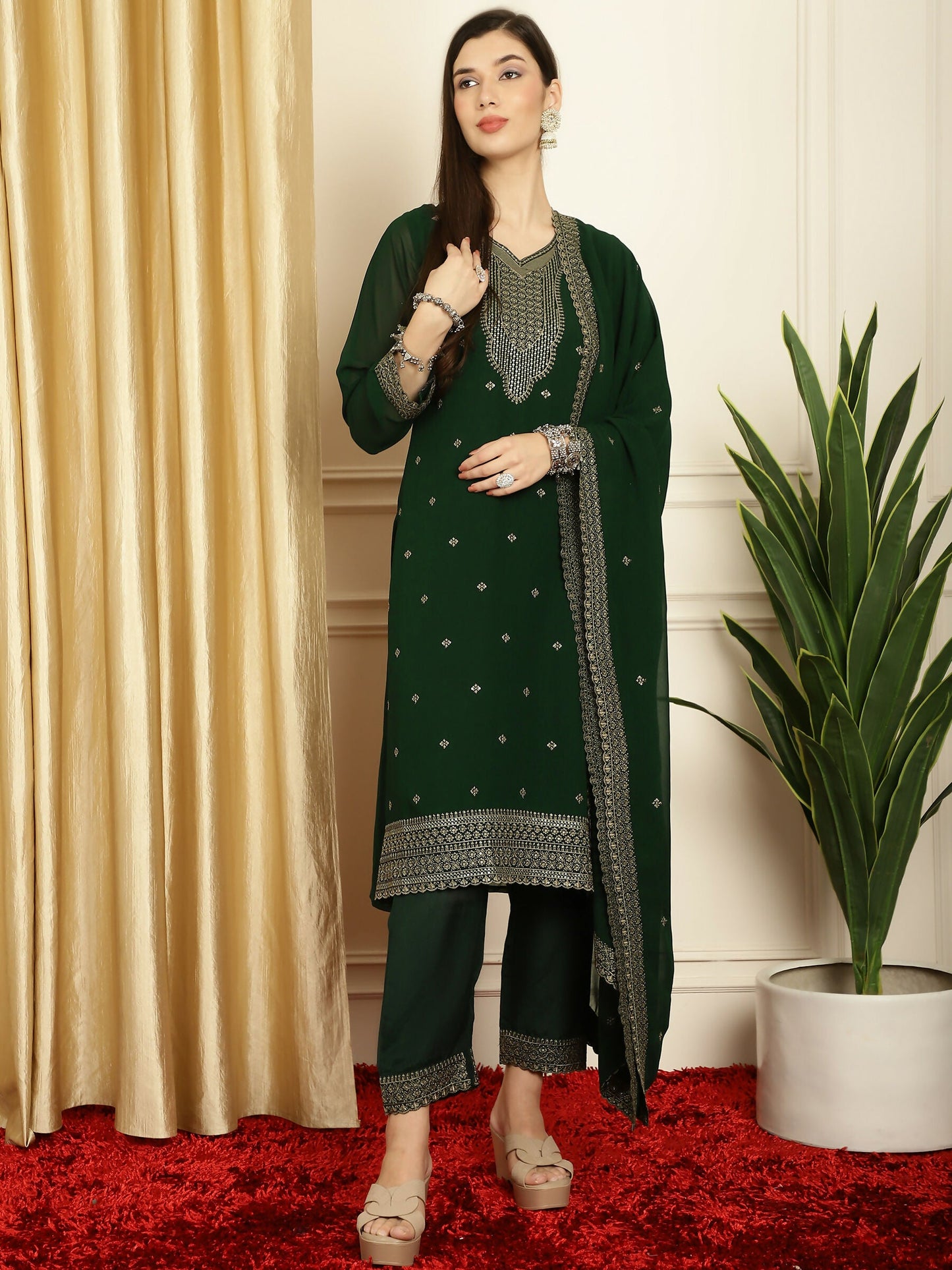 Jyoti Fashion Women's Green Georgette Resham Thread & Sequin Kurta with Trouser & Dupatta | Swadesiicart