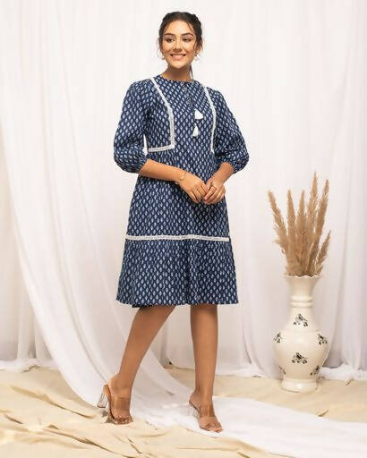 FIORRA Women's Blue Cotton Floral Printed Western Dress - Swadesiicart