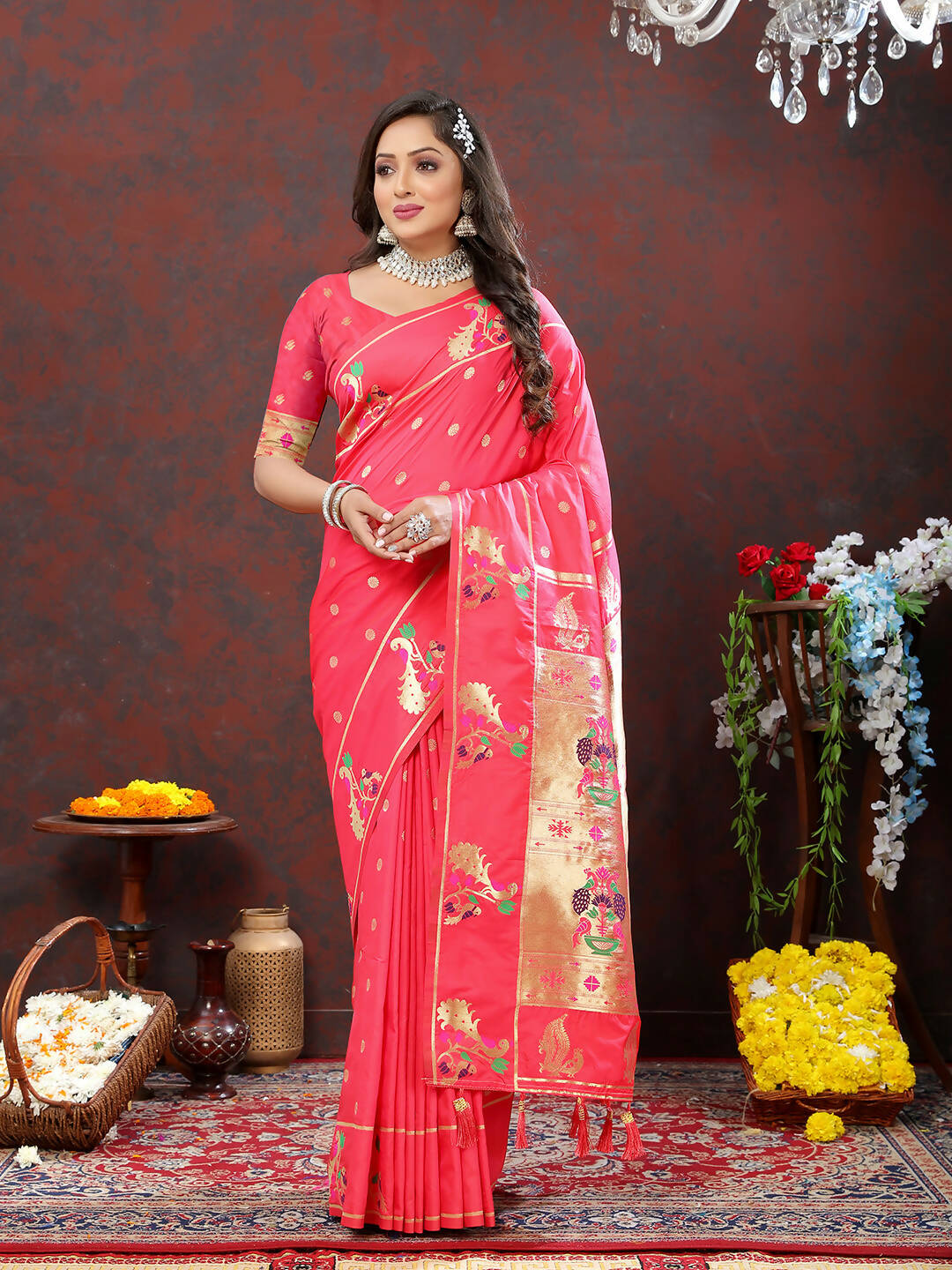 Lorenvalley Fashion Peach Soft Paithani Silk Woven Design Gold Zari Meenakari Weaving Saree - Swadesiicart