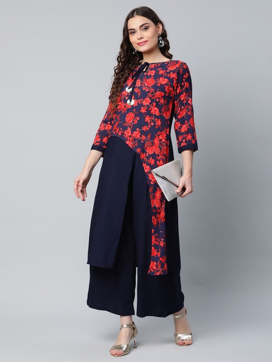 Ahalyaa Women's Navy Blue Rayon Wax Printed Kurta Palazzo Set | Swadesiicart