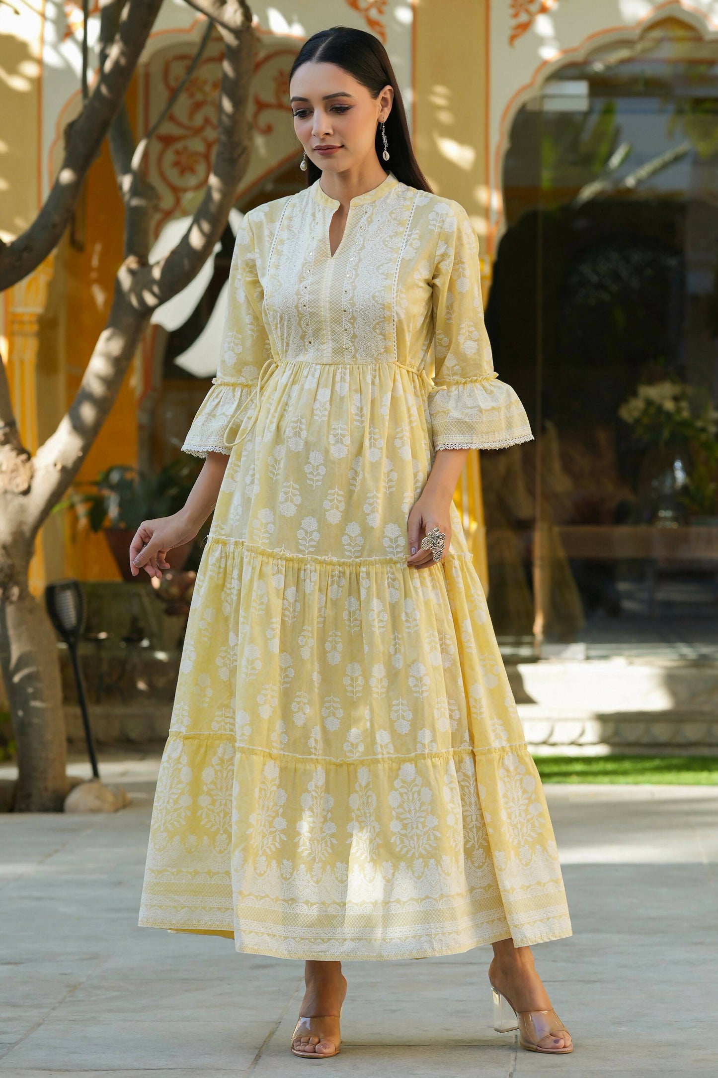 Juniper Women's Lemon Yellow Printed Teired Dress | Swadesiicart
