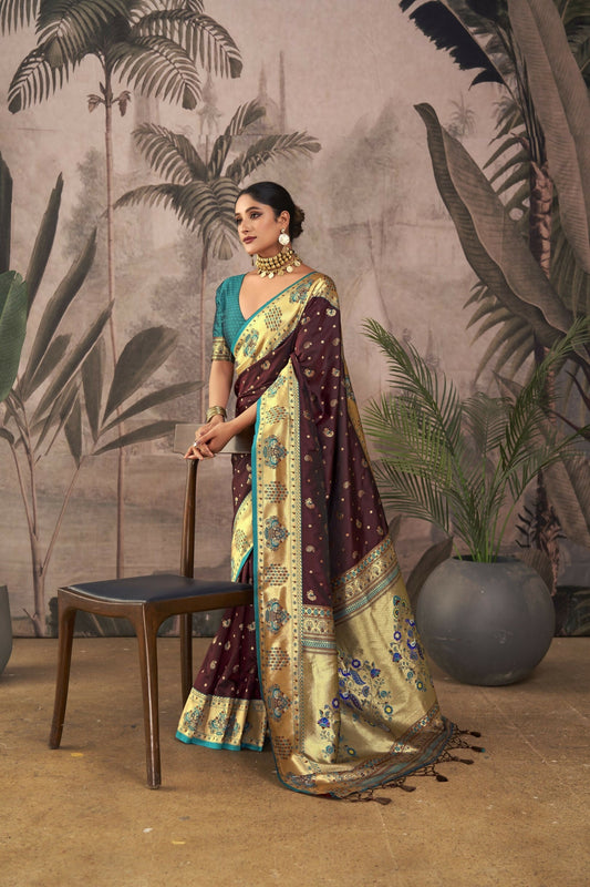 Vishnu Weaves Women's Maroon Paithani Silk Saree with Blouse - Swadesiicart