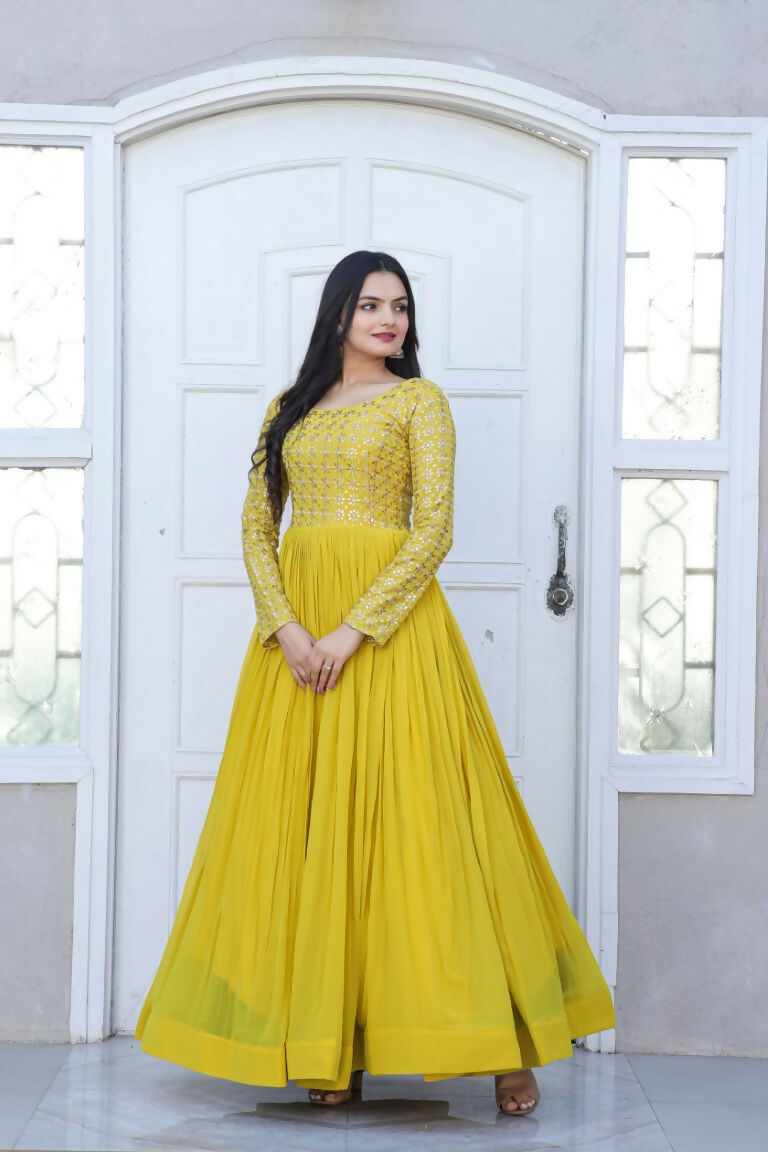 Jyoti Fashion Women's Yellow Sequence Zari Embroidered Faux Blooming Anarkali Dress | Swadesiicart
