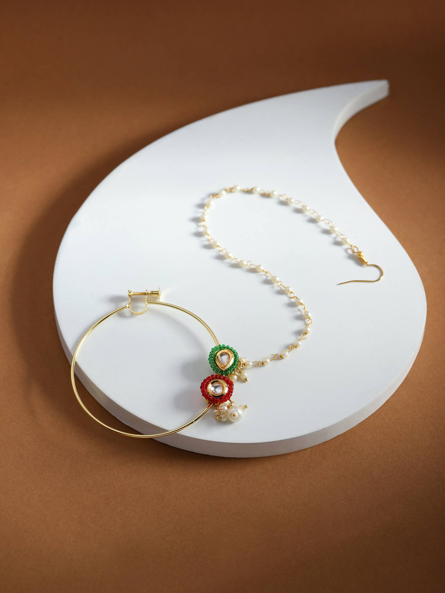 Gold-Polished White Red Stone-Studded Pearl Beaded Nosepin - Ruby Raang | Swadesiicart