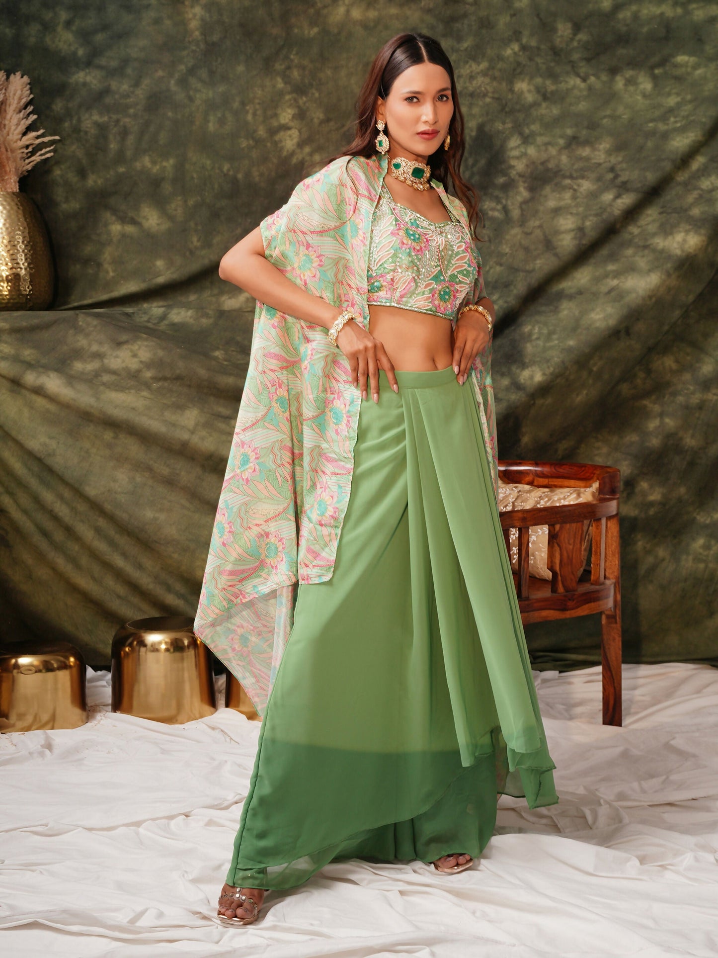 Green Pure Georgette Handwork Top with Skirt & Shrug - Naomika - Swadesiicart