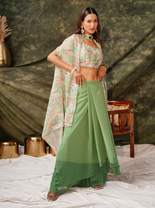 Green Pure Georgette Handwork Top with Skirt & Shrug - Naomika - Swadesiicart
