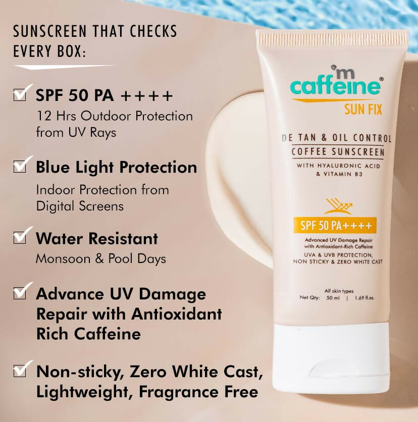 mCaffeine Sun Fix Detan & Oil Control Coffee Sunscreen SPF 50 PA++++, Lightweight & No White Cast - Swadesiicart
