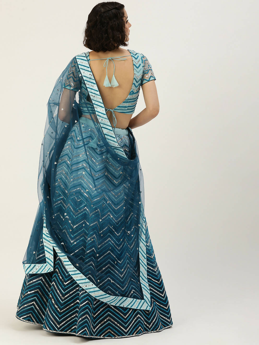House of Panchhi Women Teal shading Net Mirror Embroidered Lehenga & Blouse with Dupatta | Swadesiicart