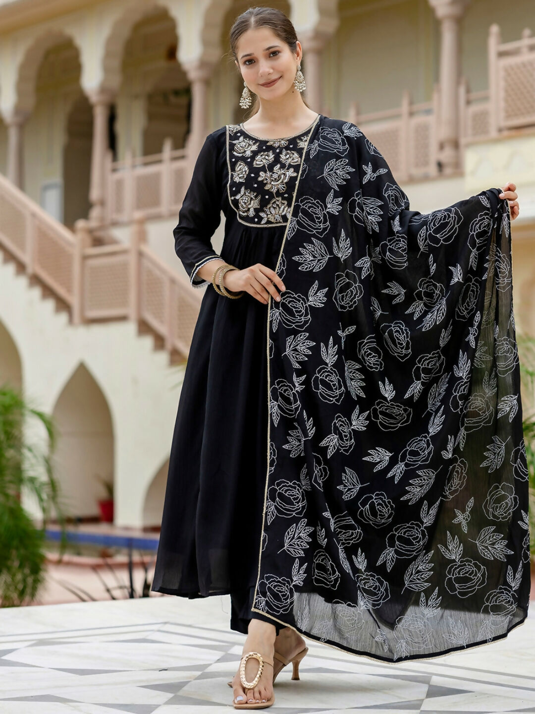 The52 Black Women's Beautiful Embroidered work Chinon Fabric with Flared Kurta, Pant and Dupatta Set - Swadesiicart