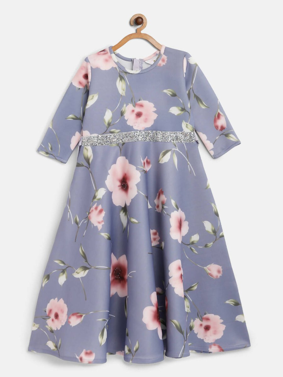 Ahalyaa Light Blue Digital Print Floral Kids Dress For Girls | Swadesiicart
