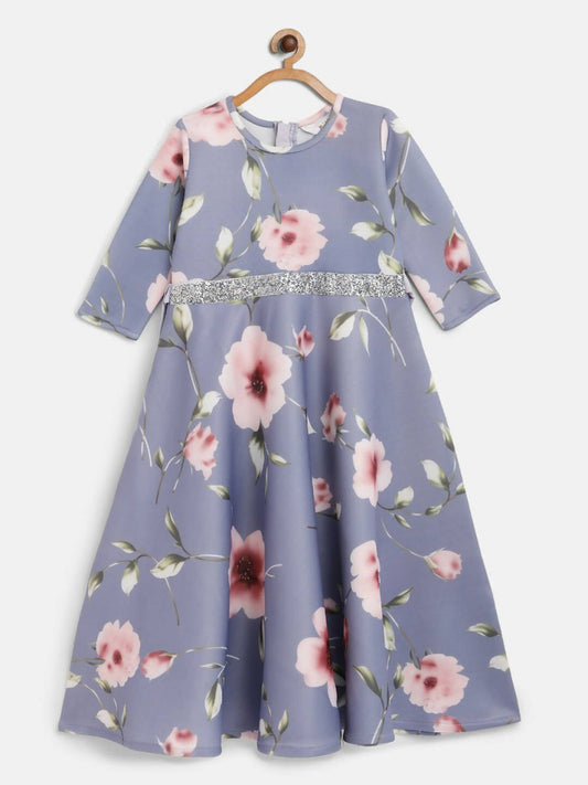 Ahalyaa Light Blue Digital Print Floral Kids Dress For Girls | Swadesiicart