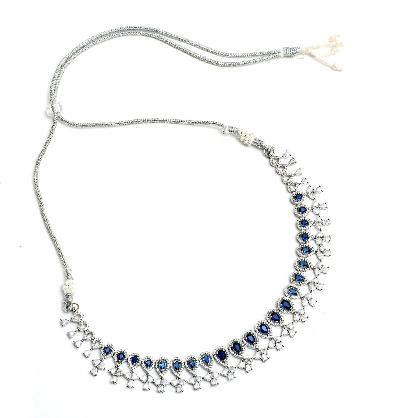 Mominos Fashion Johar Kamal Silver-Plated American Diamond Silver Blue Choker Set | Swadesiicart