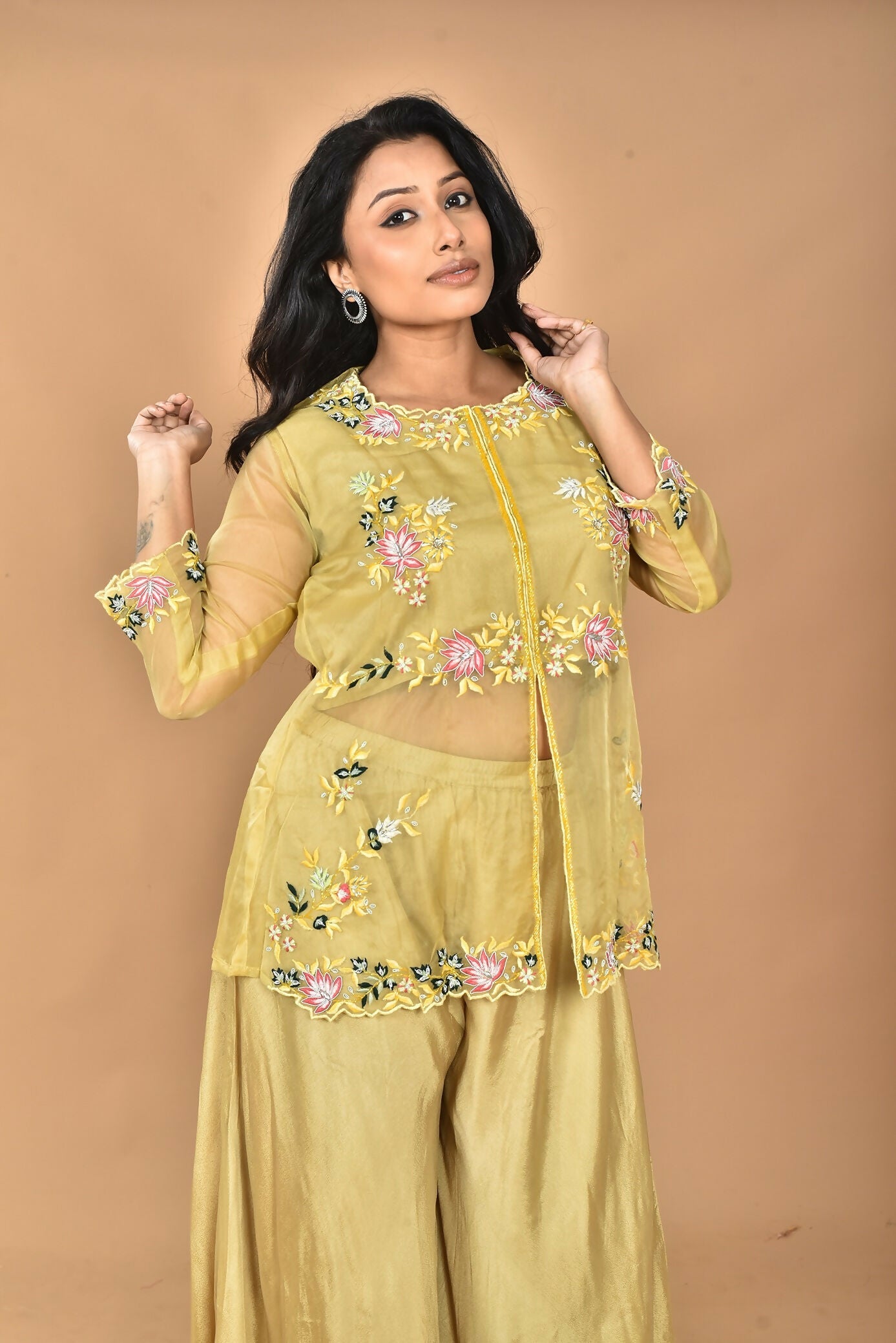 Morchari Women And Hand Embroidery Palazzo Set-Mustard - Swadesiicart