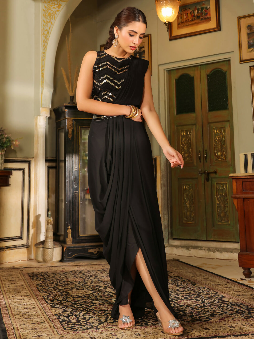 Janasya Black Georgette Sequined Saree and Blouse | Swadesiicart