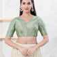 Joban Fashion Pista-Green Jacquard Elbow Sleeveless Back Open Blouse - Swadesiicart