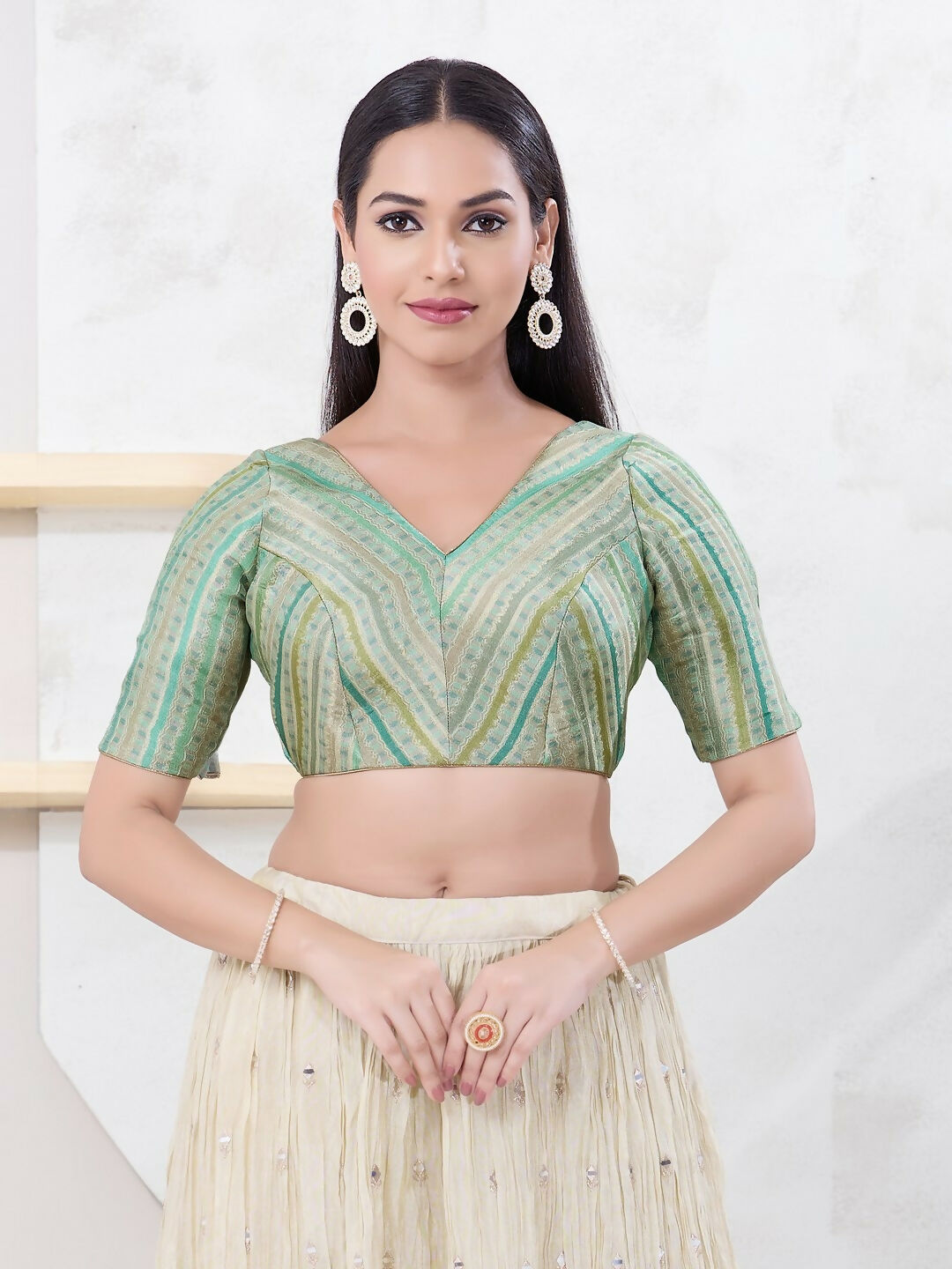 Joban Fashion Pista-Green Jacquard Elbow Sleeveless Back Open Blouse - Swadesiicart