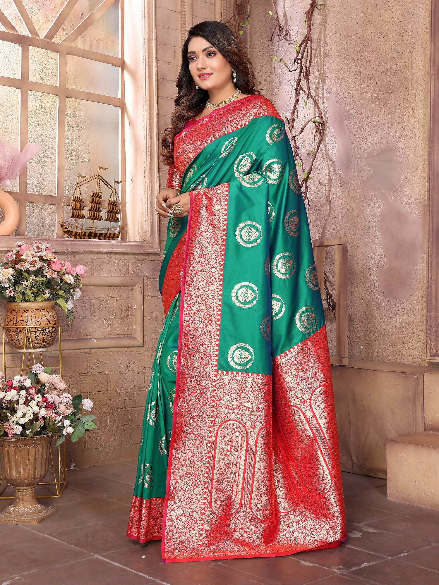 Joban Fashion Green Banarasi Soft Silk Woven Saree | Swadesiicart