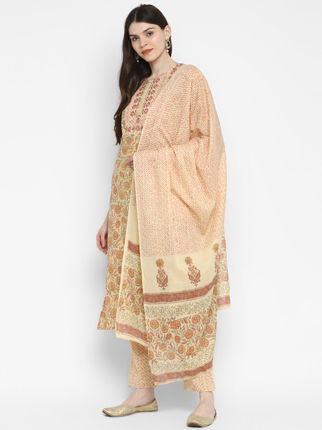 NOZ2TOZ Women Cream Cotton Kurta with Pant & Dupatta (3pcs Set) - Swadesiicart