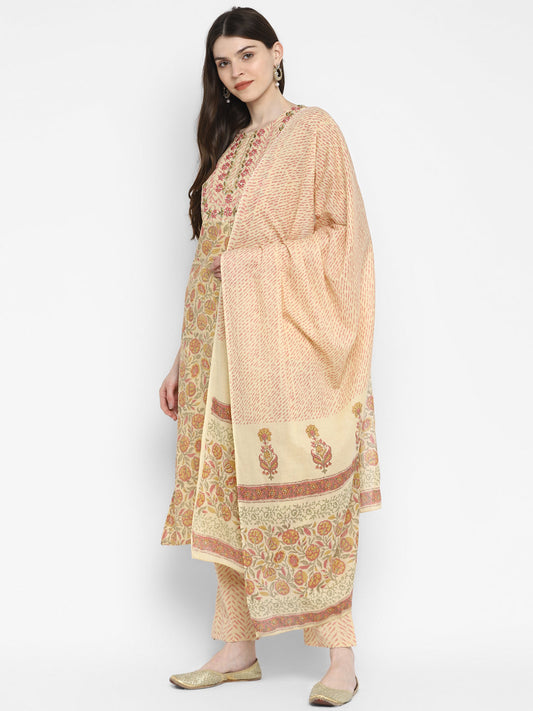 NOZ2TOZ Women Cream Cotton Kurta with Pant & Dupatta (3pcs Set) - Swadesiicart