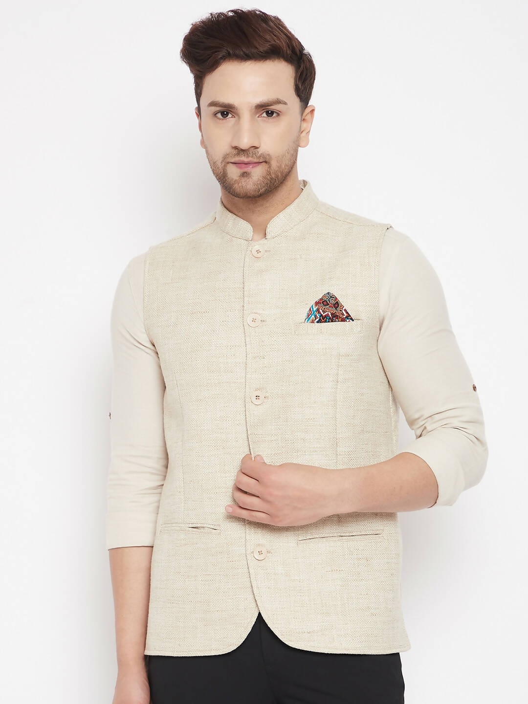 Even Apparels Beige Linen Men Woven Nehru Jacket | Swadesiicart