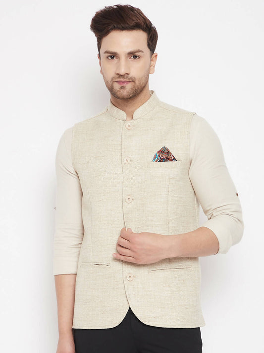Even Apparels Beige Linen Men Woven Nehru Jacket | Swadesiicart