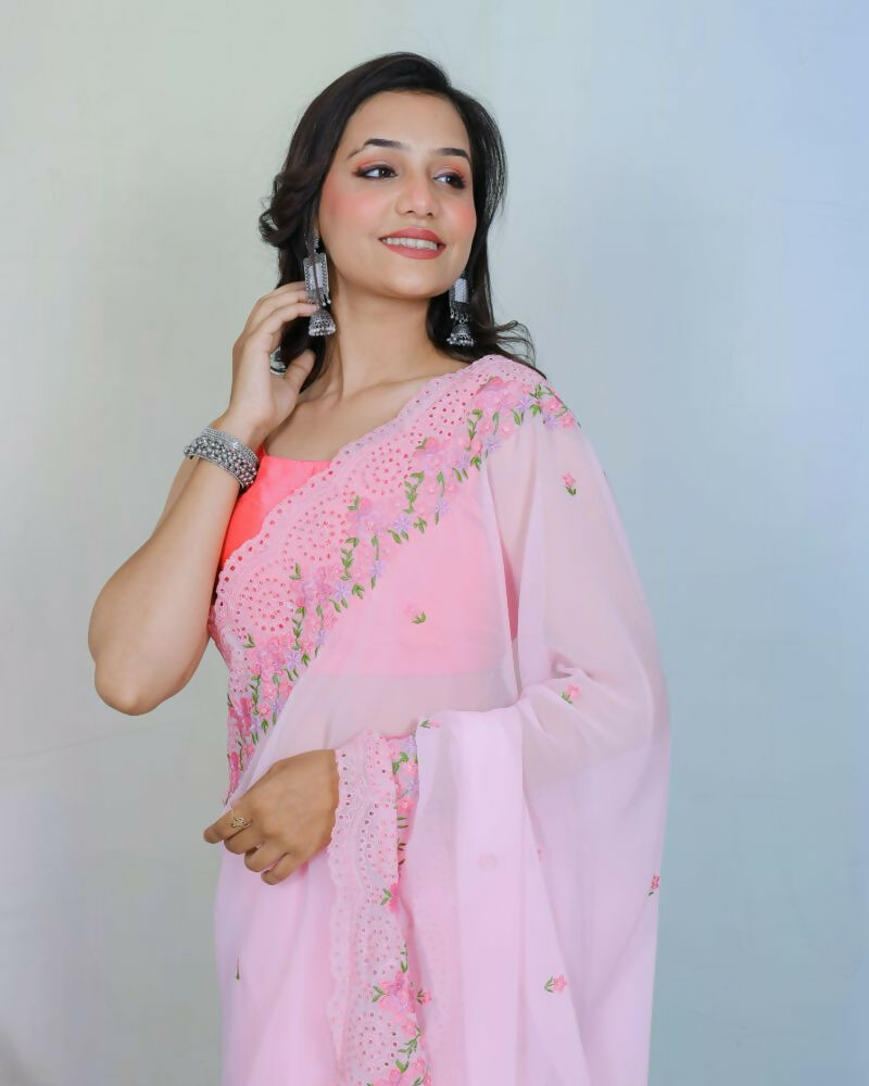 Vamsee Rashmika Baby Pink Georgette Saree - Swadesiicart
