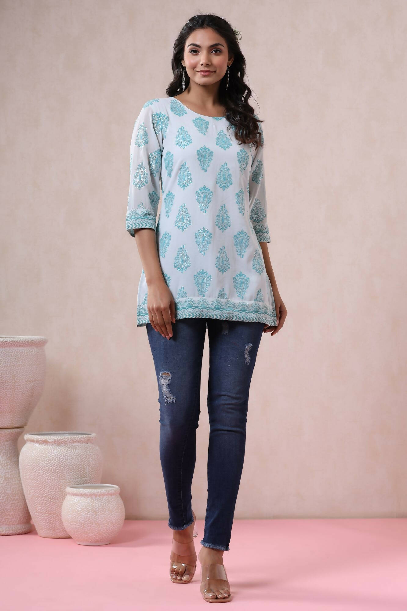 Juniper Women Bluemulti Georgette Printed Straight Tunic | Swadesiicart
