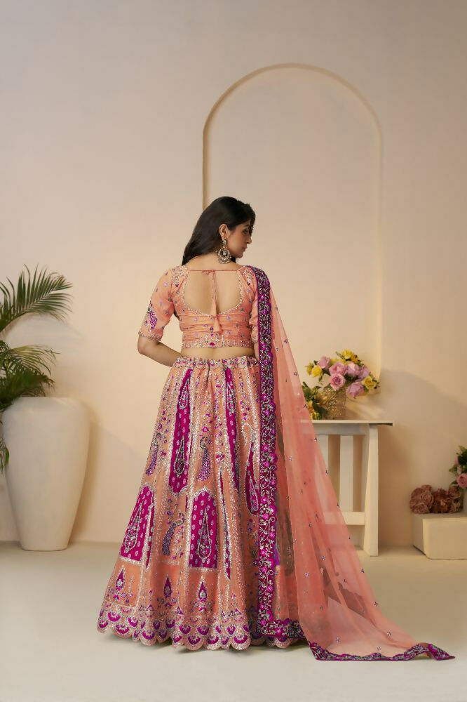 Kesar Fab Orange Banarasi Silk Embroidered Lehenga | Swadesiicart