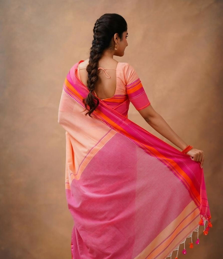 Exclusive Collection Light Orange Beautiful Khadi Cotton Handloom Saree - Swadesiicart