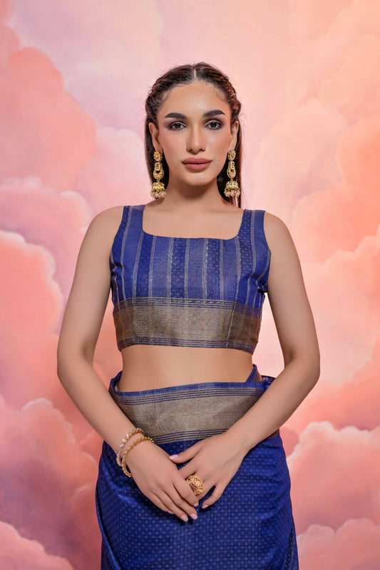 Vishnu Weaves Women's Blue Cotton Self Weaving Saree with Blouse - Swadesiicart
