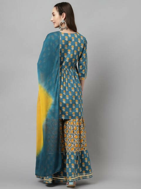 FIORRA Women's Tuquise Pure Cotton Flared Kurta & Sharara With Dupatta - Swadesiicart