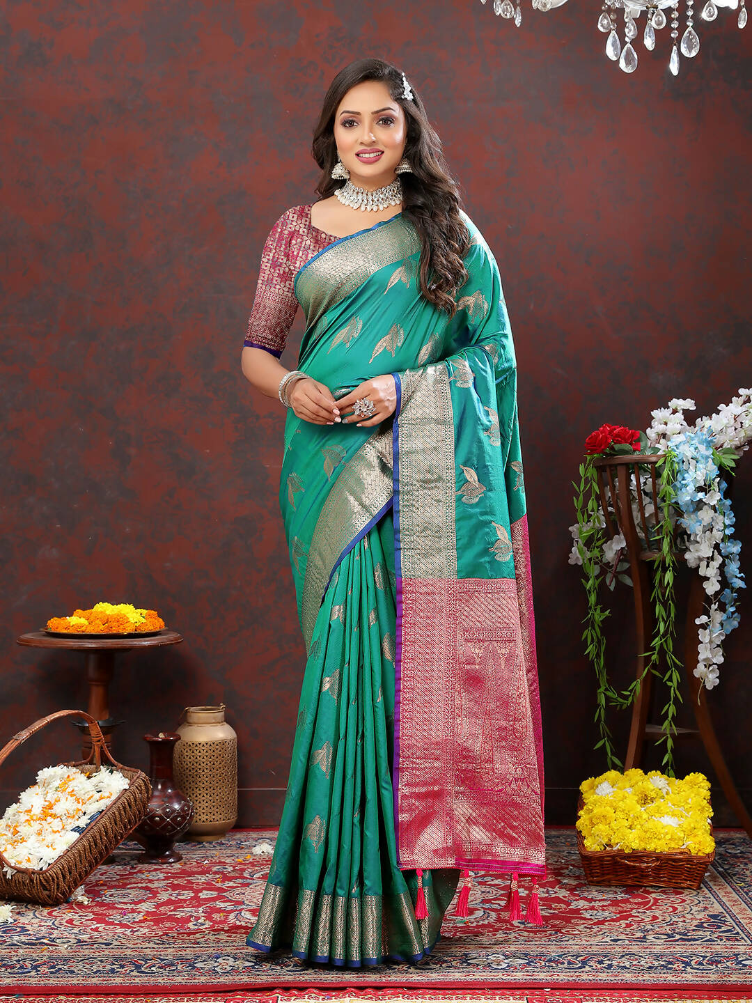 Lorenvalley Fashion Teal Soft Silk Woven Design Zari Weaving Saree - Swadesiicart