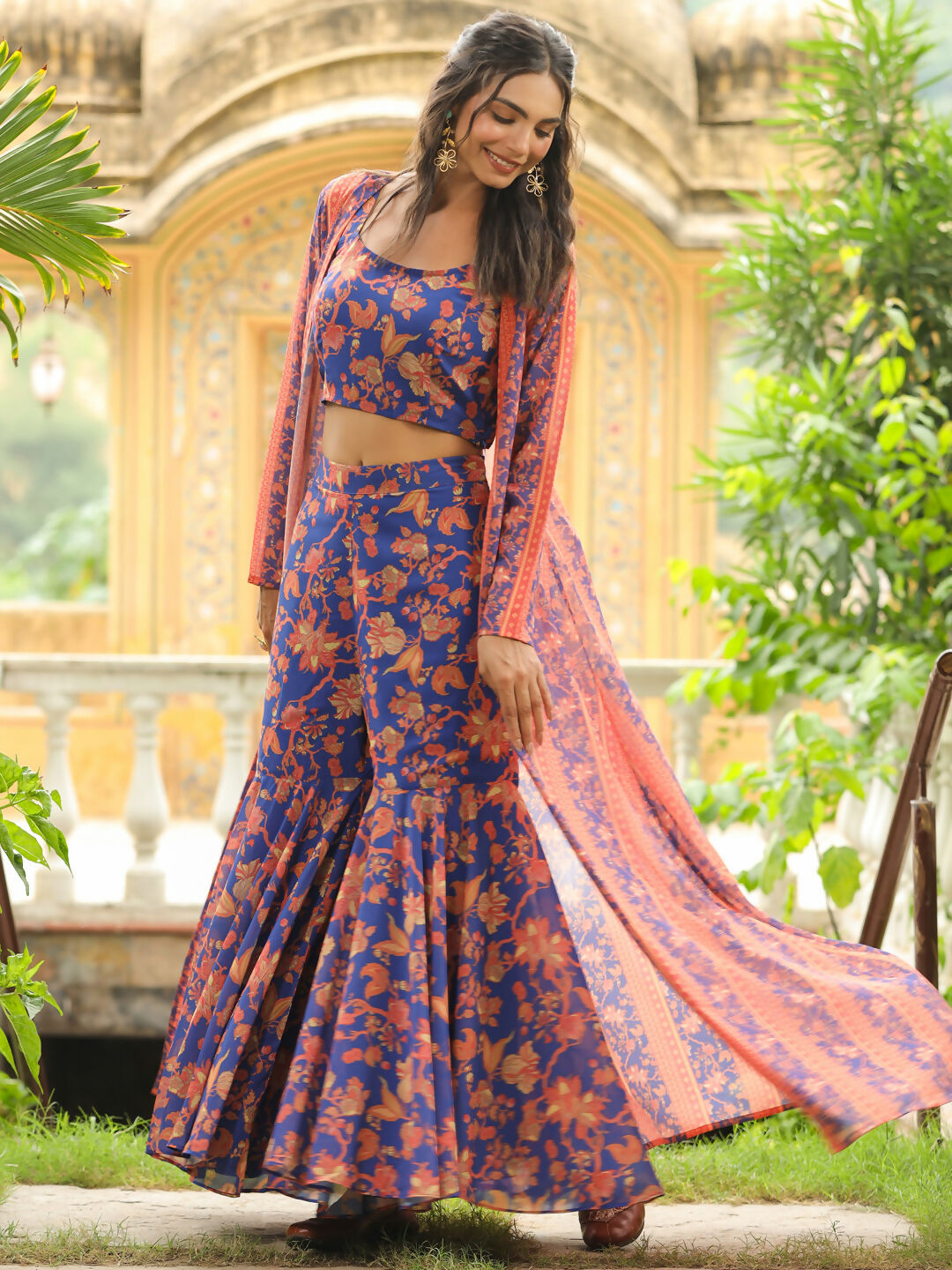 Janasya Navy Blue Georgette Floral Top,Bottom & Jacket | Swadesiicart