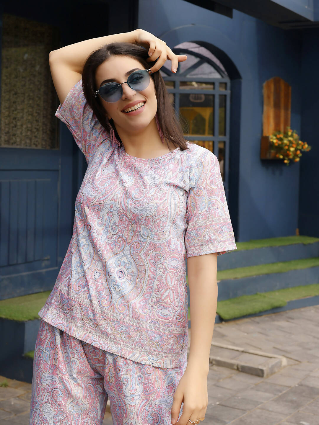 Pink Rayon Paisley Printed Top with Matching Bottom - Eesha - Swadesiicart